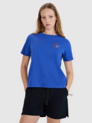 4F T-shirt regular z nadrukiem damski - niebieski XL. Niebieskie t-shirty damskie 4F, xl, bez wzorów, z bawełny, klasyczne, bez kołnierzyka, bez ramiączek. W wyprzedaży za 29.99 zł.