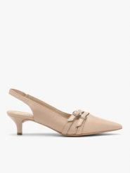 Beżowe czółenka slingback z ozdobnymi paskami. Brązowe czółenka damskie Ryłko, bez wzorów, z gumy, bez obcasa, na obcasie, bez zapięcia. Za 399.99 zł.