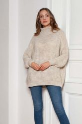 Oversizowy Sweter z Luźnym Golfem - Beżowy. Brązowe swetry nierozpinane damskie Lanti, uniwersalny, bez wzorów, z materiału, bez kołnierzyka, bez ramiączek. Za 249.90 zł.
