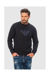 EMPORIO ARMANI Granatowa bluza męska z wyszywanym logo. Niebieskie bluzy męskie Emporio Armani, m, bez wzorów, prążkowane, bez ramiączek, bez kaptura. W wyprzedaży za 399.99 zł.