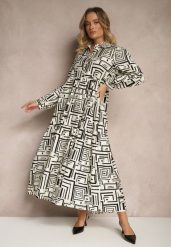 Czarna Rozkloszowana Sukienka z Wiskozą w Geometryczny Print Apirestia. Czarne sukienki damskie Renee, na co dzień, l, bez wzorów, z wiskozy, eleganckie, bez kołnierzyka, bez ramiączek, maxi, proste. Za 119.99 zł.