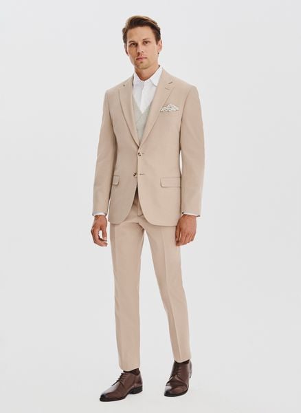 PAKO LORENTE - Gładki beżowy garnitur męski. Brązowe garnitury męskie Pako Lorente, m, bez wzorów, z elastanu, biznesowe. Za 1,099.98 zł.