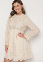 Beżowa Sukienka Boho o Rozkloszowanym Kroju z Haftowanymi Zdobieniami Ifflina. Brązowe sukienki damskie Born2be, na co dzień, l, z aplikacjami, z materiału, boho, bez kołnierzyka, bez ramiączek, mini, rozkloszowane. Za 139.99 zł.