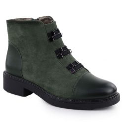 Botki damskie zamszowe ocieplane zielone M.Daszyński SA252-4. Zielone botki damskie M.Daszyński, bez wzorów, ze skóry ekologicznej, eleganckie, bez obcasa, bez zapięcia. Za 99.99 zł.