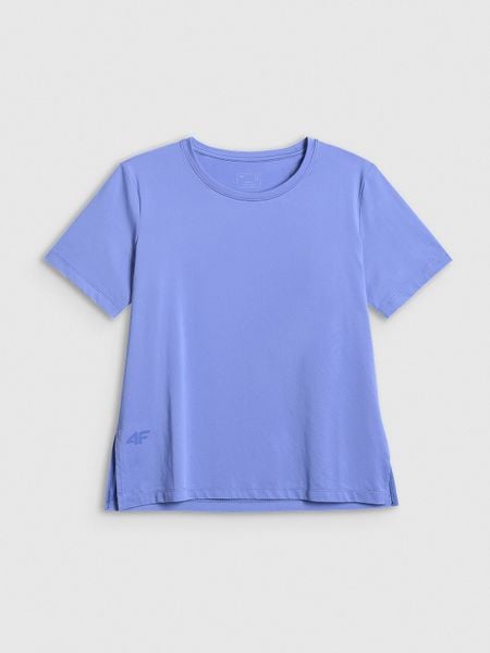 4F Koszulka treningowa loose szybkoschnąca damska - niebieska XXL. Niebieskie bluzki damskie 4F, xxl, bez wzorów, z materiału, klasyczne, bez kołnierzyka, bez ramiączek. Za 79.99 zł.