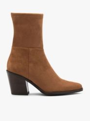 Brązowe wyższe botki z tkaniny na słupku. Brązowe botki damskie Brawo sp. z o.o., bez wzorów, z tkaniny, bez obcasa, na obcasie, bez zapięcia. Za 499.99 zł.