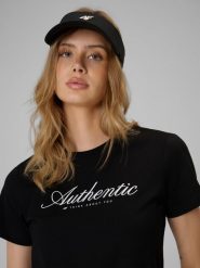 4F T-shirt regular z nadrukiem damski - czarny L. Czarne t-shirty damskie 4F, l, bez wzorów, z bawełny, biznesowe, bez kołnierzyka, bez ramiączek. Za 59.99 zł.
