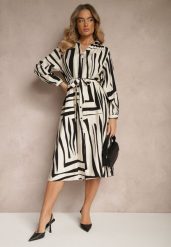 Czarna Sukienka z Wiskozą o Koszulowym Kroju w Geometryczny Print Ninatria. Czarne sukienki damskie Renee, na co dzień, l, bez wzorów, z wiskozy, eleganckie, bez kołnierzyka, bez ramiączek, midi, koszulowe. Za 119.99 zł.