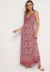 Różowa Wiskozowa Sukienka Boho na Ramiączkach z Gumką w Pasie Elorea. Czerwone sukienki damskie Born2be, na lato, m, bez wzorów, z materiału, boho, bez kołnierzyka, bez ramiączek, maxi. Za 59.99 zł.