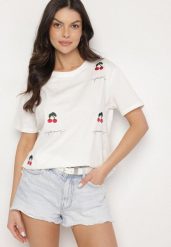 Biały Bawełniany T-shirt Zdobiony Haftem z Motywem w Wiśnie Nevianira. Białe t-shirty damskie Born2be, m, z aplikacjami, z bawełny, bez kołnierzyka, bez ramiączek. Za 39.99 zł.