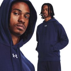 Bluza fitness męska UNDER ARMOUR Rival Fleece Hoodie z kapturem. Niebieskie bluzy męskie Under Armour, m, bez wzorów, sportowe, bez ramiączek, z kapturem. Za 303.66 zł.