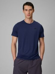 4F Koszulka treningowa regular szybkoschnąca męska - granatowa XXL. Niebieskie koszulki sportowe męskie 4F, m, bez wzorów, ze skóry, bez kołnierzyka, bez ramiączek. Za 89.99 zł.