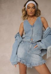 Niebieskie Spódnico-Szorty Jeansowe Zdobione Przetarciem Galirela. Niebieskie szorty damskie Renee, z aplikacjami, z jeansu, eleganckie, z podwyższonym stanem. Za 59.99 zł.