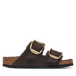 Klapki Birkenstock. Brązowe klapki damskie Birkenstock, bez wzorów, bez obcasa, bez zapięcia. Za 819.99 zł.