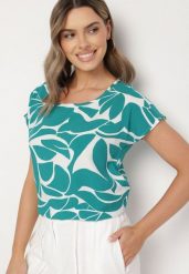 Ciemnozielona Wiskozowa Bluzka o Kroju Typu Nietoperz w Kwiatowy Wzór Flemira. Zielone bluzki damskie Born2be, m, bez wzorów, z jeansu, eleganckie, bez kołnierzyka, bez ramiączek. Za 49.99 zł.