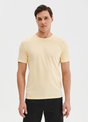 PAKO LORENTE – Bawełniany żółty t-shirt. Żółte t-shirty męskie Pako Lorente, xl, bez wzorów, z bawełny, bez kołnierzyka, bez ramiączek. Za 49.99 zł.