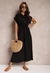 Czarna Sukienka z Wiskozy o Rozkloszowanym Kroju z Gumką w Pasie i Napami Memvia. Czarne sukienki damskie Renee, na co dzień, l, bez wzorów, z wiskozy, eleganckie, bez kołnierzyka, bez ramiączek, maxi, kopertowe. Za 89.99 zł.