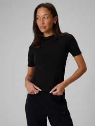 4F T-shirt slim gładki damski - czarny M. Czarne t-shirty damskie 4F, m, bez wzorów, z materiału, bez kołnierzyka, bez ramiączek. Za 59.99 zł.