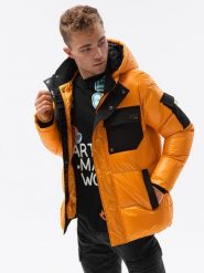 Kurtka męska zimowa błyszcząca - żółta V5 - Rozmiar: XL. Żółte kurtki męskie Ombre Clothing, na zimę, m, bez wzorów, z nylonu, bez kaptura. W wyprzedaży za 99.99 zł.