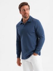 Bluza męska z kołnierzykiem polo ze strukturalnej dzianiny - ciemnoniebieska V5 OM-SSNZ-0149 - XXL. Niebieskie bluzy męskie Ombre Clothing, l, bez wzorów, z bawełny, bez ramiączek, bez kaptura. W wyprzedaży za 59.99 zł.