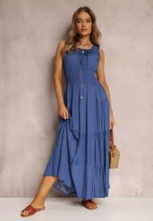 Niebieska Sukienka Kilroy. Niebieskie sukienki damskie Renee, na lato, l, bez wzorów, boho, bez kołnierzyka, bez ramiączek, maxi, rozkloszowane. Za 119.99 zł.
