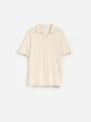 Sweter polo z dodatkiem lnu - beżowy. Brązowe swetry męskie Reserved, l, bez wzorów, z bawełny, bez kołnierzyka, bez ramiączek. Za 129.99 zł.