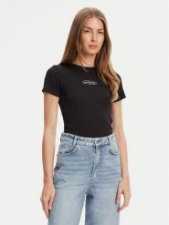 Guess Jeans T-Shirt W5YP37 KA0H1 Czarny Slim Fit. Czarne t-shirty damskie Guess Jeans, xxl, z aplikacjami, z bawełny, bez kołnierzyka, bez ramiączek. Za 79.00 zł.