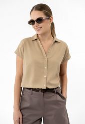 Koszula z lnem C-GUARE. Brązowe koszule damskie Volcano, uniwersalny, bez wzorów, ze lnu, klasyczne, bez kołnierzyka, bez ramiączek. Za 119.99 zł.