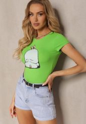 Jasnozielony T-shirt z Bawełny z Ozdobnym Nadrukiem Janesto. Zielone t-shirty damskie Renee, m, bez wzorów, z bawełny, bez kołnierzyka, bez ramiączek. Za 39.99 zł.