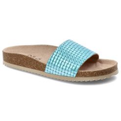 Turkusowe Klapki Yokono Stylowe Obuwie Damskie. Niebieskie klapki damskie Yokono, na lato, bez wzorów, ze skóry, eleganckie, bez obcasa, bez zapięcia. Za 99.99 zł.