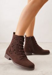 Brązowe Sznurowane Botki z Ażurową Cholewką Zeliana. Brązowe botki damskie Born2be, w ażurowe wzory, z jeansu, klasyczne, bez obcasa, na płaskiej podeszwie, bez zapięcia. Za 119.99 zł.