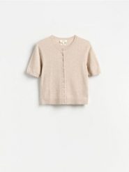 Kardigan z wełny merino - beżowy. Brązowe kardigany damskie Reserved, l, bez wzorów, z wełny, bez kołnierzyka. Za 199.99 zł.