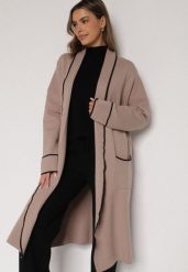 Beżowy Długi Niezapinany Kardigan Ozdobiony Lamówką Veritusa. Brązowe kardigany damskie Born2be, uniwersalny, bez wzorów, z jeansu, klasyczne, bez kołnierzyka. Za 119.99 zł.