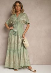Zielona Wiskozowa Sukienka Boho o Kopertowym Kroju z Metalicznym Haftem Redeselle. Zielone sukienki damskie Renee, na co dzień, m, z aplikacjami, z wiskozy, boho, bez kołnierzyka, bez ramiączek, maxi, kopertowe. Za 84.99 zł.