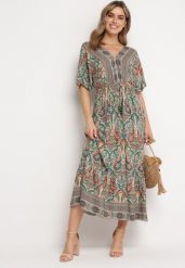 Zielono-Brązowa Sukienka Maxi z Wiskozy w Stylu Boho z Wzorem Paisley i Gumką w Pasie Naroli. Zielone sukienki damskie Born2be, na spacer, na lato, l, bez wzorów, z wiskozy, boho, bez kołnierzyka, bez ramiączek, maxi. Za 84.99 zł.