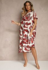 Bordowa Sukienka z Lnem i Wiskozą w Etniczne Kwiaty o Pudełkowym Kroju Natireia. Czerwone sukienki damskie Renee, na co dzień, l, bez wzorów, z wiskozy, eleganckie, bez kołnierzyka, bez ramiączek, midi. Za 59.99 zł.