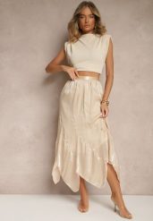 Beżowa Spódnica o Rozkloszowanym Kroju z Błyszczącą Nitką Lumorisse. Brązowe spódnice damskie Renee, na co dzień, l, bez wzorów, eleganckie, maxi, proste. Za 69.99 zł.