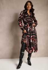 Czarno-Czerwona Koszulowa Sukienka o Rozkloszowanym Kroju z Gumką w Talii w Abstrakcyjny Print Tinnelittia. Czarne sukienki damskie Renee, na co dzień, l, bez wzorów, eleganckie, bez kołnierzyka, bez ramiączek, koszulowe. Za 159.99 zł.