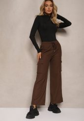 Brązowe Szerokie Spodnie Dresowe Cargo High Waist w Stylu Cargo z Ociepleniem Sevifra. Brązowe spodnie dresowe damskie Renee, bez wzorów, z dresówki, z podwyższonym stanem, długie. Za 49.99 zł.