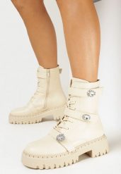 Beżowe Botki Workery z Paskami na Rzep Ozdobionymi Broszkami Amasla. Brązowe botki damskie Born2be, bez wzorów, bez obcasa, na płaskiej podeszwie, bez zapięcia. Za 169.99 zł.