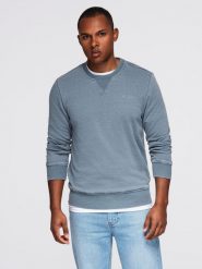 Washowana bluza męska z ozdobnym przeszyciem przy dekolcie - jasnoniebieska V3 - Rozmiar: S. Niebieskie bluzy męskie Ombre Clothing, m, bez wzorów, z bawełny, bez ramiączek, bez kaptura. W wyprzedaży za 69.99 zł.
