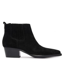 Sztyblety Guess. Czarne botki damskie Guess, z aplikacjami, bez obcasa, na słupku, bez zapięcia. Za 674.99 zł.