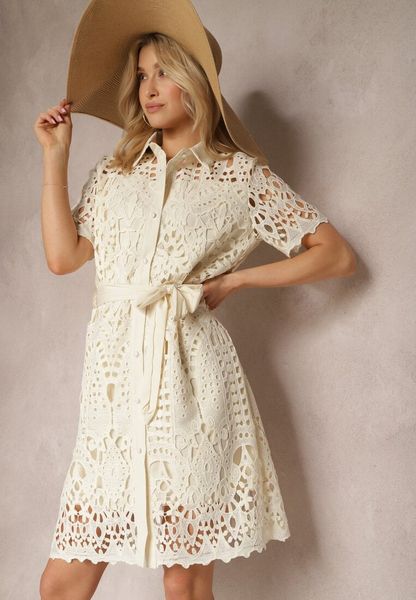 Beżowa Ażurowa Sukienka Koszulowa Wiązana w Pasie Lonnija. Brązowe sukienki damskie Renee, s, w ażurowe wzory, z tkaniny, bez kołnierzyka, bez ramiączek, midi, koszulowe. Za 109.99 zł.