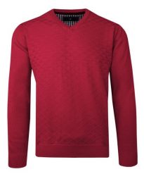 Sweter Czerwony w Serek, Bawełniany, Tłoczony Wzór, V-neck, Męski -BARTEX. Czerwone swetry męskie Bartex, l, bez wzorów, z bawełny, biznesowe, bez kołnierzyka, bez ramiączek. Za 159.00 zł.