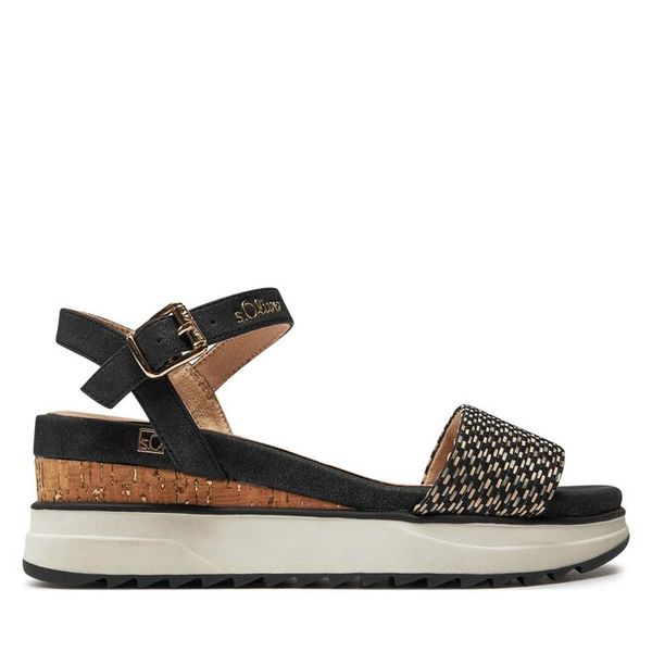 Sandały s.Oliver. Czarne sandały damskie S.Oliver, bez wzorów, bez obcasa, na koturnie, bez zapięcia. Za 289.99 zł.