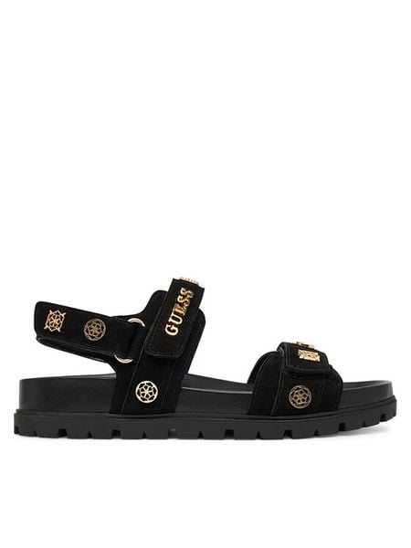 Guess Sandały FLPFLO ESU03 Czarny. Czarne sandały damskie Guess, z aplikacjami, z materiału, bez obcasa, na płaskiej podeszwie, bez zapięcia. Za 549.99 zł.