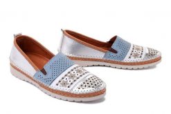 MANITU 840122-92 silber, półbuty damskie. Szare czółenka damskie Manitu, na lato, w ażurowe wzory, ze skóry, bez obcasa, bez zapięcia. Za 209.93 zł.