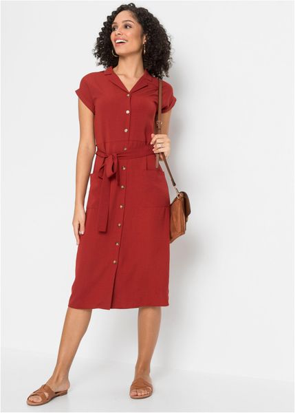 Sukienka koszulowa. Czerwone sukienki damskie bonprix, bez wzorów, bez kołnierzyka, bez ramiączek, koszulowe. Za 139.99 zł.