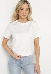 Biały T-shirt z Wiskozą i Cyrkoniami Sanistria. Białe t-shirty damskie Born2be, l, bez wzorów, z jeansu, klasyczne, bez kołnierzyka, bez ramiączek. Za 84.99 zł.