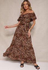 Brązowa Rozkloszowana Sukienka Hiszpanka z Gumką w Talii w Panterkowy Wzór Hiterta. Brązowe sukienki damskie Renee, na co dzień, l, bez wzorów, eleganckie, bez kołnierzyka, bez ramiączek, maxi, rozkloszowane. Za 49.99 zł.